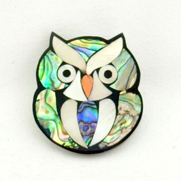 Inlaid Shell Owl Brooch - Mother of Pearl and Abalone Shell - Lee Sands? - Picture 1 of 4